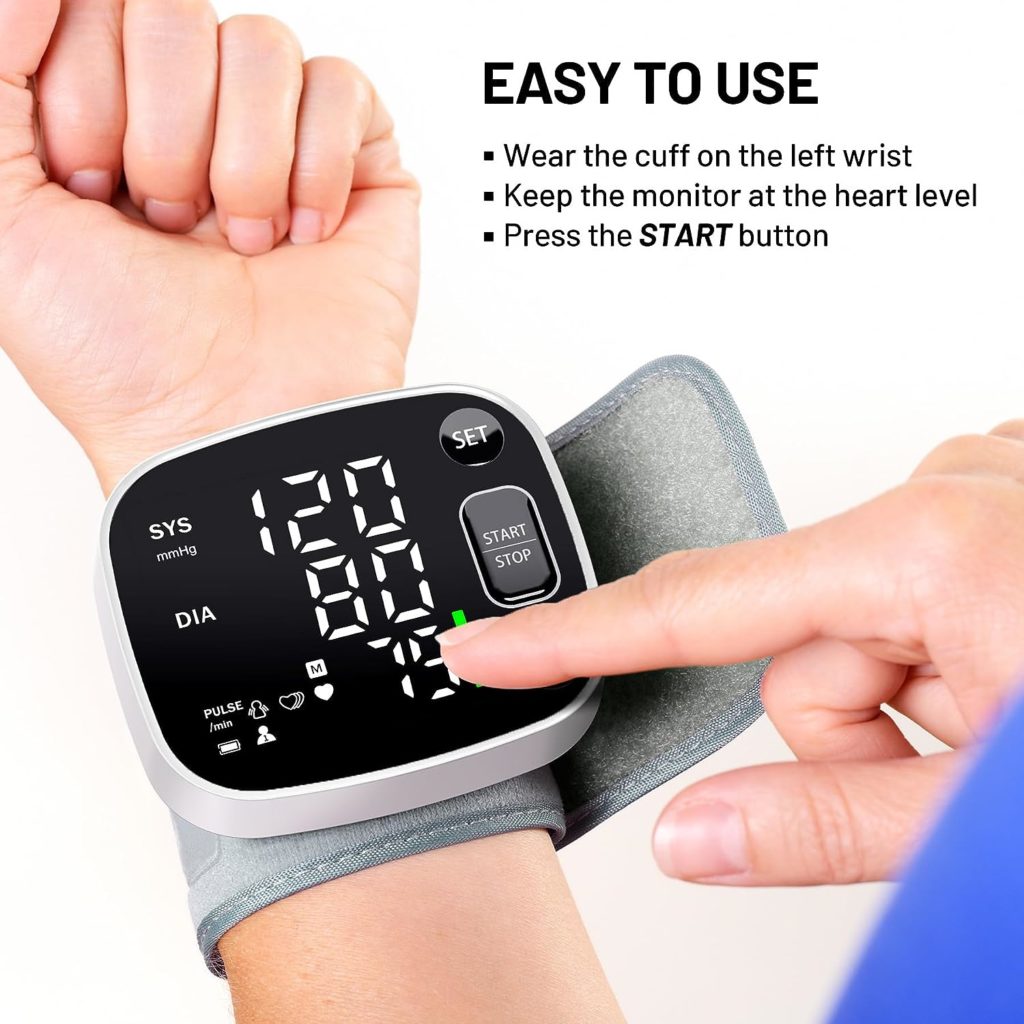 Blood Pressure Monitors for Home Use Rechargeable Blood Pressure Monitor Wrist Digital BP Machine with LED Backlit Display, Voice Broadcast, 240 Memory Storage for 2 Users with Carrying Case