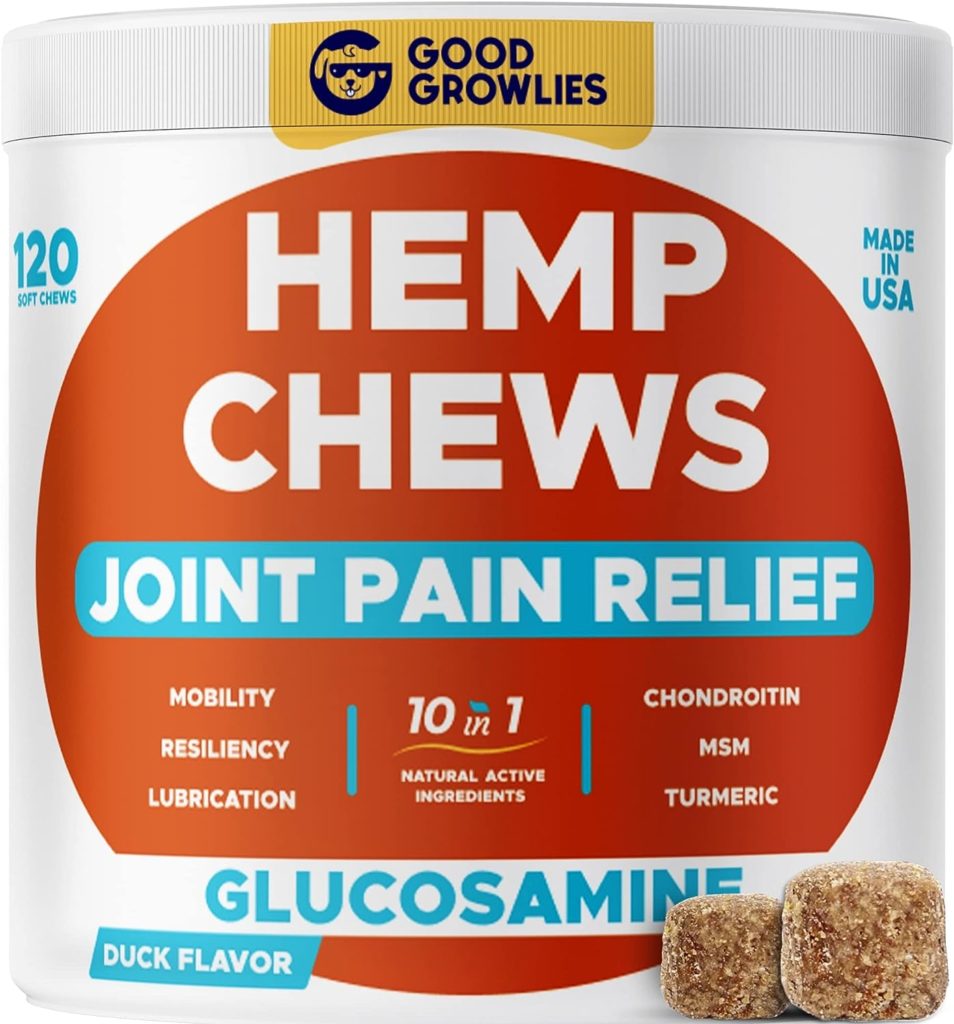 GOODGROWLIES Hemp Hip  Joint Supplement for Dogs Glucosamine, Chondroitin, MSM, Turmeric, Hemp Seed Oil  Hemp Protein for Joint Pain Relief  Mobility 120 Soft Chews Bacon Flavor