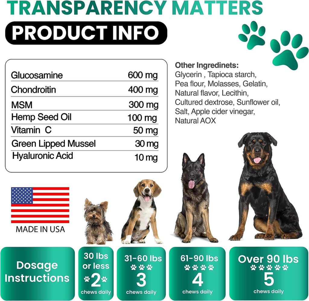 Hemp Hip and Joint Supplement for Dogs - Glucosamine for Dogs - 170 Dog Joint Pain Relief Treats - Chondroitin, MSM, Hemp Oil - Advanced Dog Joint Supplement Health - Mobility Support Chews