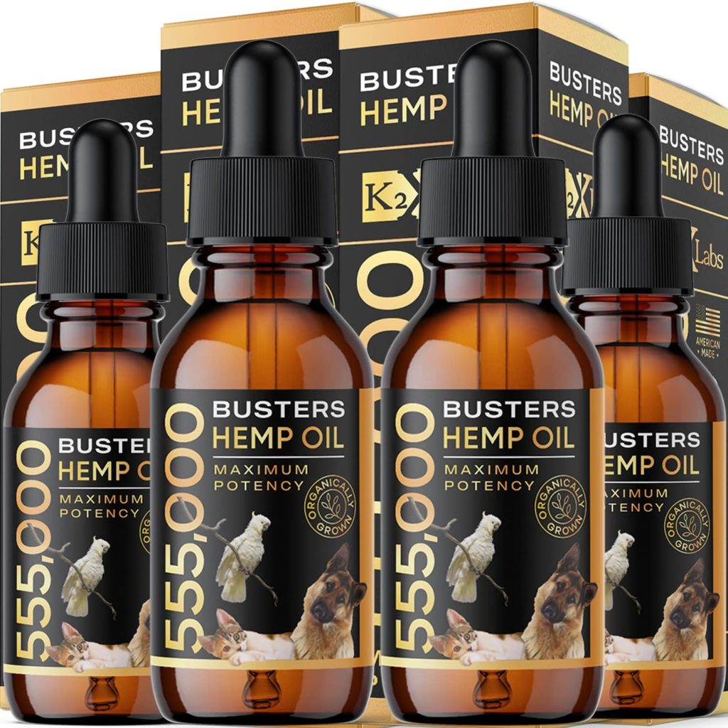 K2xLabs Busters Organic Hemp Oil for Dogs and Pets, 555,000 Max Potency, Large 60ml Bottle, Made in USA - Miracle Formula, Perfectly Balanced Omega 3, 6, 9 - Relief for Joints, Calming (4Pack)