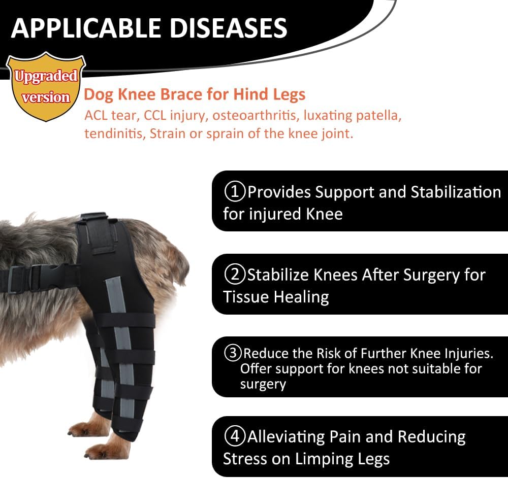 NATUYA Dog Knee Brace for Torn ACL Hind Leg, CCL, Luxating Patella, Dog Leg Braces with Side Stabilizers - Better Recovery and Prevent Licking, Relieves Joint Pain (L)