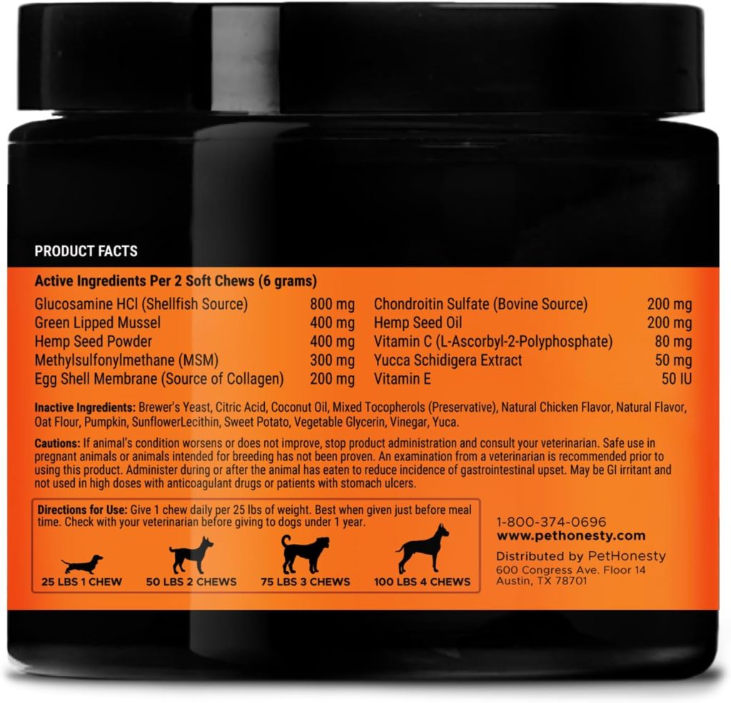 Pet Honesty Senior Hemp Mobility - Hip  Joint Supplement for Senior Dogs - Hemp Oil  Powder, Glucosamine, Collagen, MSM, Green Lipped Mussel, Support Mobility, Helps with Occasional Discomfort (90)