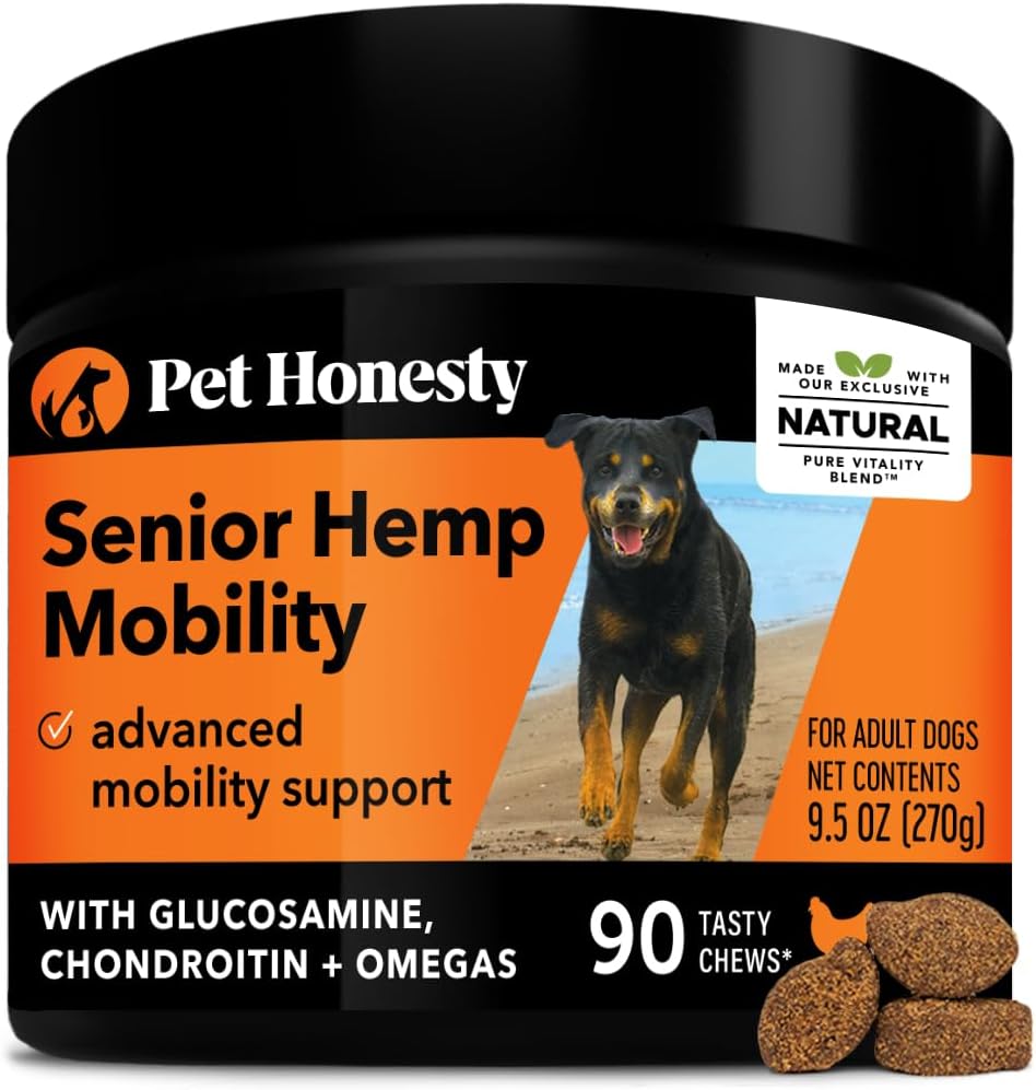 Pet Honesty Senior Hemp Mobility - Hip  Joint Supplement for Senior Dogs - Hemp Oil  Powder, Glucosamine, Collagen, MSM, Green Lipped Mussel, Support Mobility, Helps with Occasional Discomfort (90)