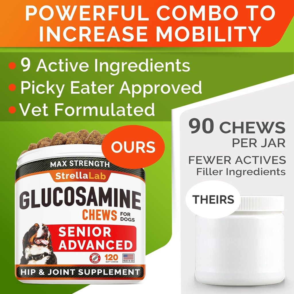 Senior Advanced Glucosamine Joint Supplement for Dogs - Hip  Joint Pain Relief - Small + Large Breeds -Omega-3 Fish Oil - Chondroitin, MSM- Mobility Soft Chews for Older Dogs - Bacon Flavor - 120Ct