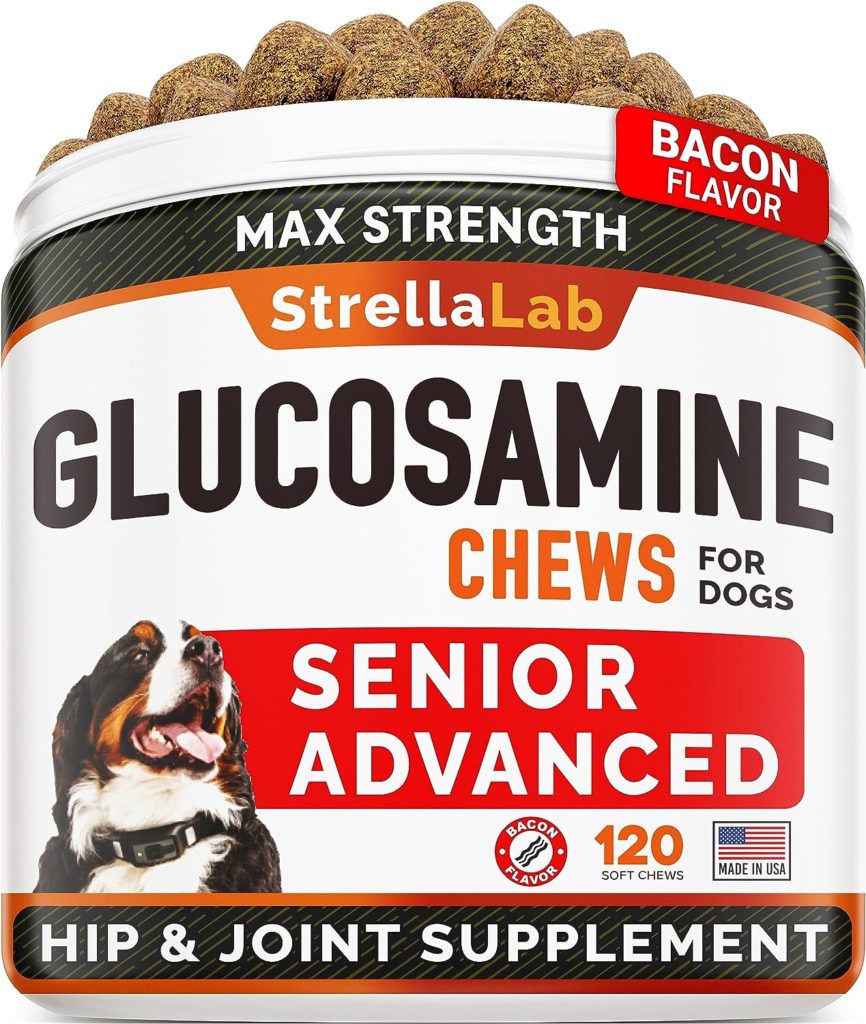 Senior Advanced Glucosamine Joint Supplement for Dogs - Hip  Joint Pain Relief - Small + Large Breeds -Omega-3 Fish Oil - Chondroitin, MSM- Mobility Soft Chews for Older Dogs - Bacon Flavor - 120Ct