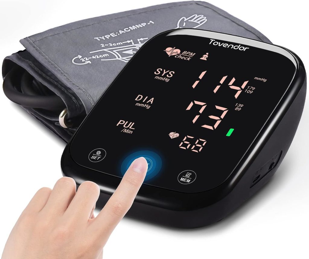 Tovendor Blood Pressure Monitor Automatic Upper Arm Machine, Smart Touch Key Screen, Large Backlit Display Adjustable Cuff, Irregular Heartbeat  Hypertension Detector, Batteries Included