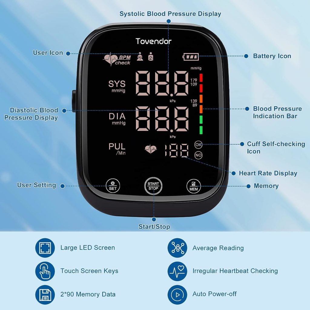 Tovendor Blood Pressure Monitor Automatic Upper Arm Machine, Smart Touch Key Screen, Large Backlit Display Adjustable Cuff, Irregular Heartbeat  Hypertension Detector, Batteries Included