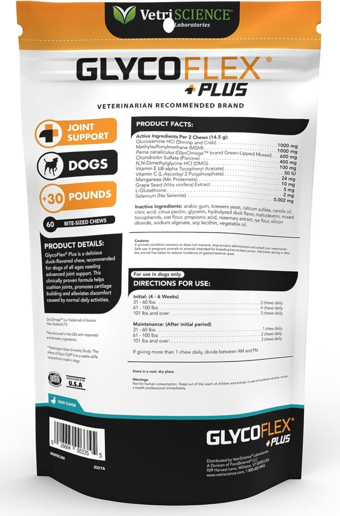 VETRISCIENCE Glycoflex 3 Clinically Proven Hip and Joint Supplement with Chondroitin and Glucosamine for Dogs, Duck, 60 Chews - Vet Recommended Mobility Support Supplement with DMG, MSM, and Perna