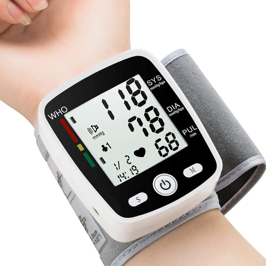 Wrist Blood Pressure Monitors for Home Use Digital Blood Pressure Machine with Voice Adjustable 5.3-7.7 Cuff BP Machine Dual Users x99 Memory Large LCD Display BP Monitor with Carrying Case, Black