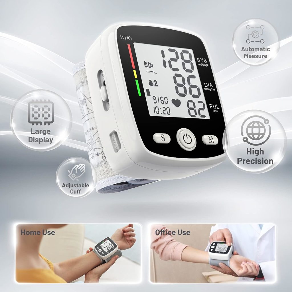 Wrist Blood Pressure Monitors for Home Use Digital Blood Pressure Machine with Voice Adjustable 5.3-7.7 Cuff BP Machine Dual Users x99 Memory Large LCD Display BP Monitor with Carrying Case, Black