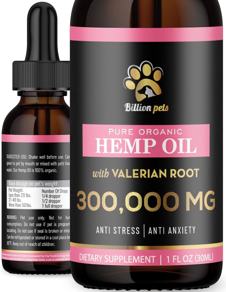 Billion Pets 300,000mg - Hemp Oil for Dogs and Cats - Stress and Anxiety Relief - Organic Calming Drops - Pain and Inflammation (1 Pack)