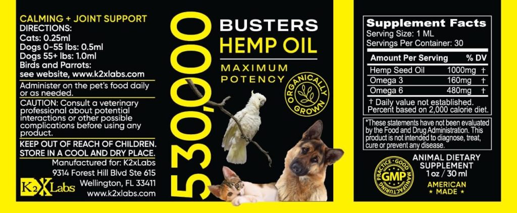 Busters Organic Hemp Oil 530,000 2month Supply for Dogs  Cats - Max Potency - Made in USA - Omega Rich 3, 6  9 - Hip  Joint Health, Natural Relief for Pain, Separation Anxiety