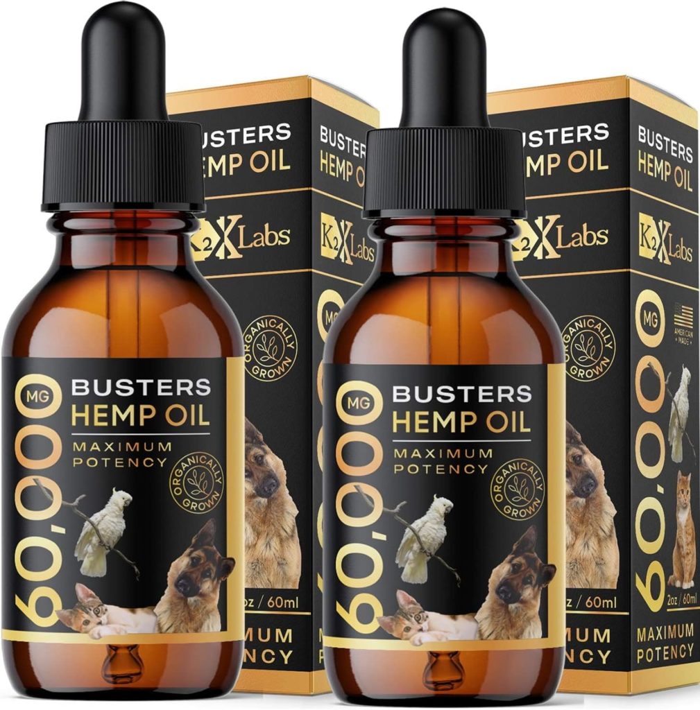 Busters Organic Hemp Oil Large 60 Milliliters 2-Pack for Dogs  Cats - Max Potency - Made in USA - Omega Rich 3, 6  9 - Hip  Joint Health, Natural Relief, Calming (60,000MG)