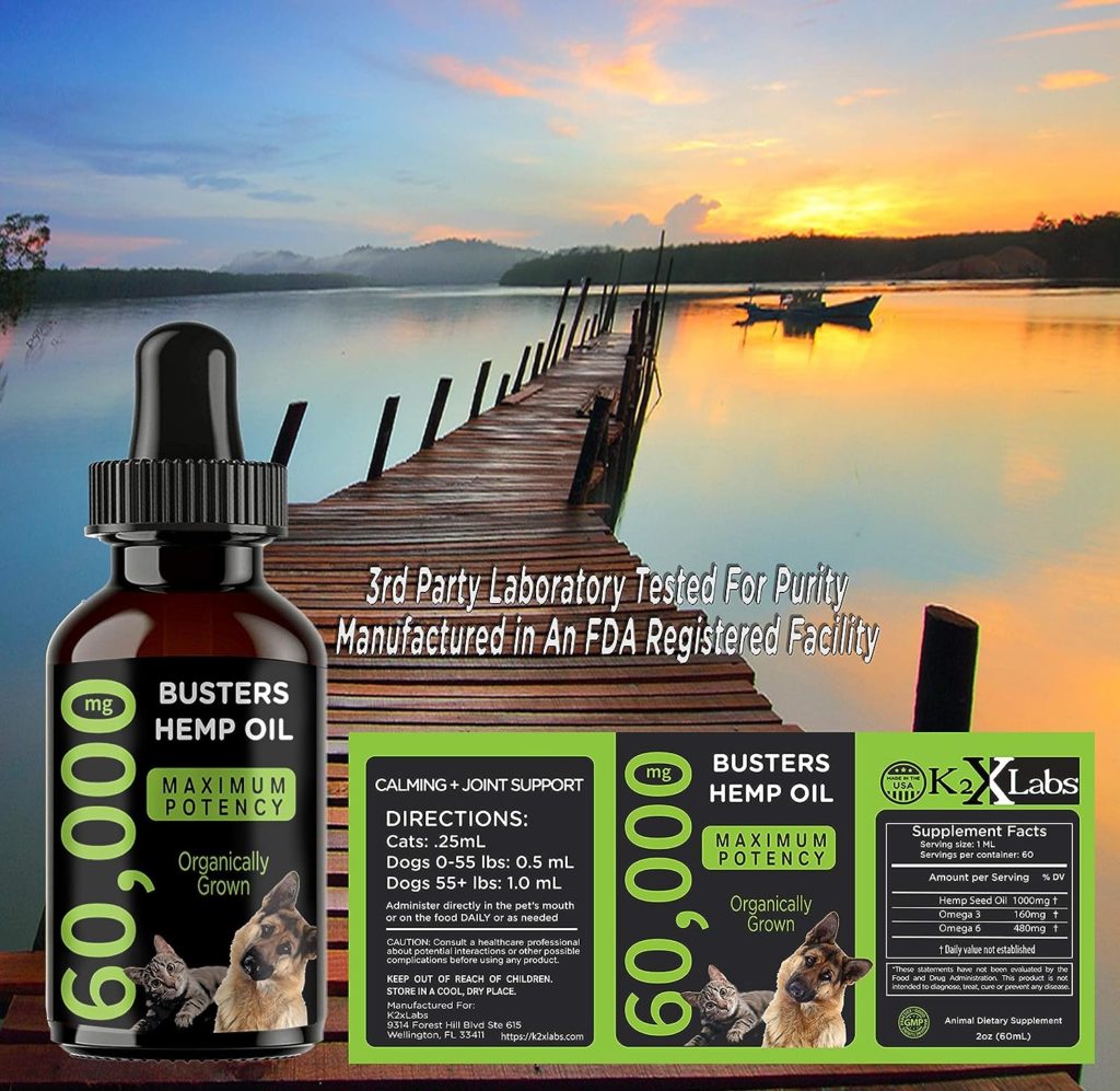 Busters Organic Hemp Oil Large 60 Milliliters 2-Pack for Dogs  Cats - Max Potency - Made in USA - Omega Rich 3, 6  9 - Hip  Joint Health, Natural Relief, Calming (60,000MG)