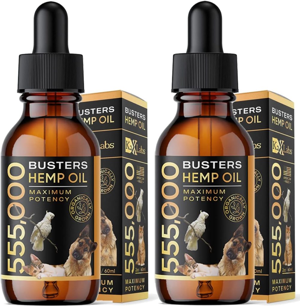 K2xLabs Busters Organic Hemp Oil for Dogs  Pets, 4 Months Supply, 555,000 Max Potency, Large 60ml Bottle, Made in USA - Miracle Formula, Perfectly Balanced Omega 3, 6, 9 - Relief for Joints, Calming