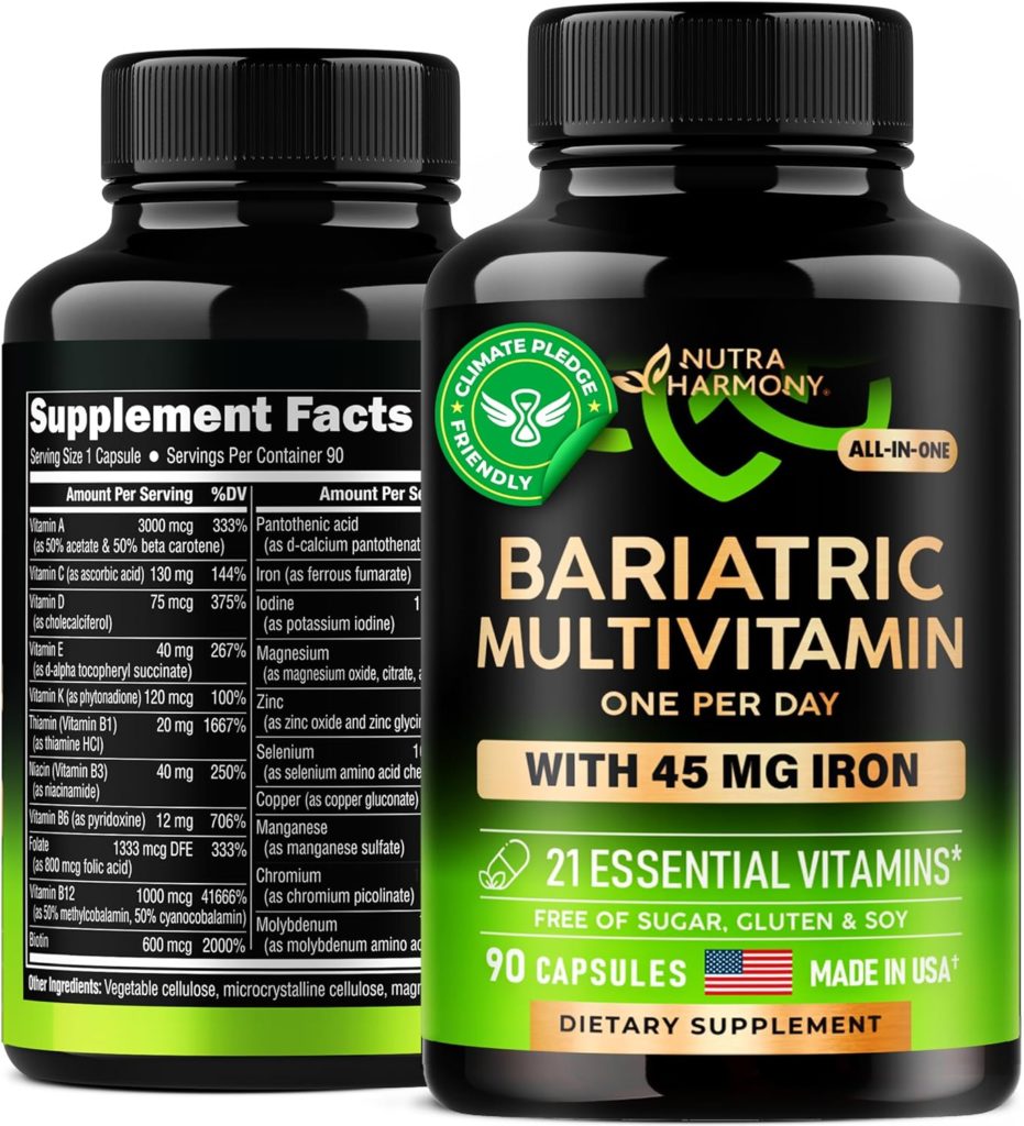 Bariatric Multivitamin - 45 mg Iron Supplements - Made in USA - for Women  Men - All-in-One, 21 Essential Vitamins - Gastric Sleeve Support - Free of Sugar, Gluten  Soy - 90 Capsules