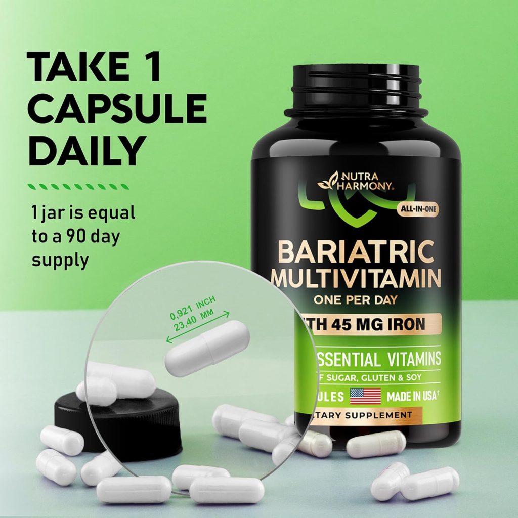 Bariatric Multivitamin - 45 mg Iron Supplements - Made in USA - for Women  Men - All-in-One, 21 Essential Vitamins - Gastric Sleeve Support - Free of Sugar, Gluten  Soy - 90 Capsules