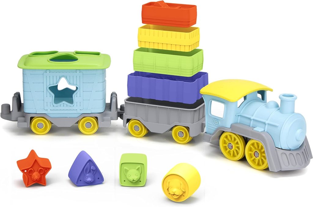 Green Toys Stack  Sort Train, Blue - 12 Piece Pretend Play, Motor Skills, Kids Toy Vehicle Playset. No BPA, phthalates, PVC. Dishwasher Safe, Recycled Plastic, Made in USA.