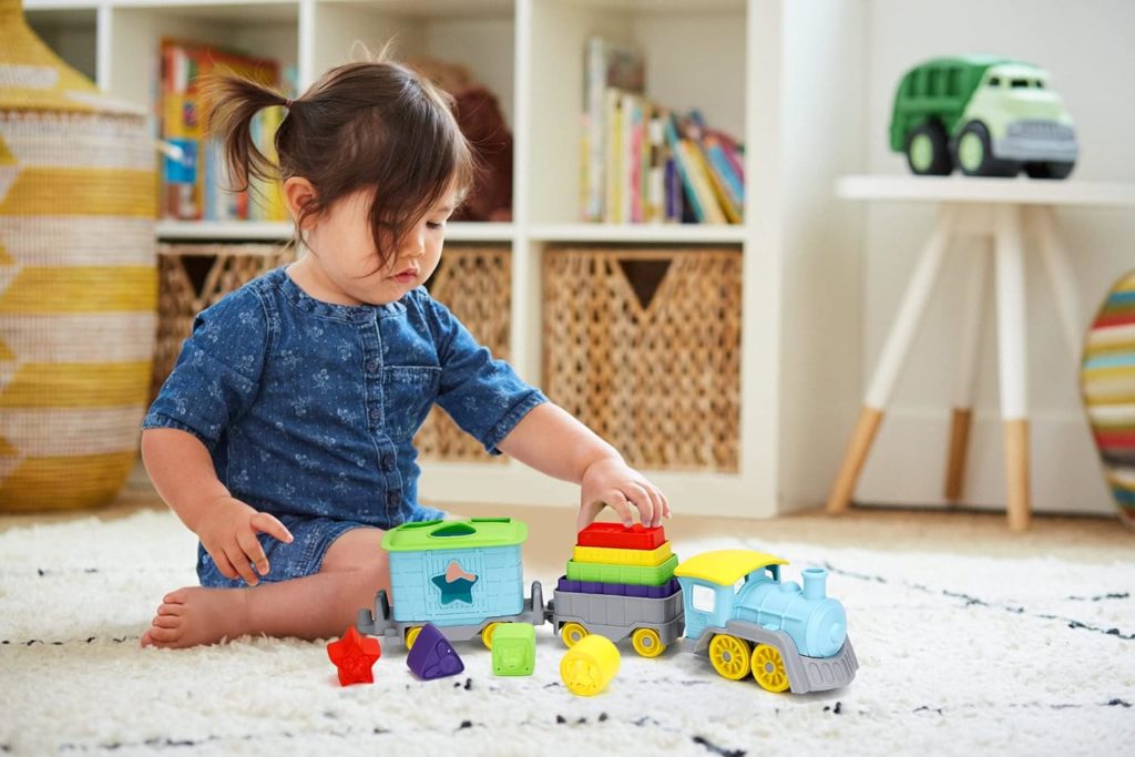 Green Toys Stack  Sort Train, Blue - 12 Piece Pretend Play, Motor Skills, Kids Toy Vehicle Playset. No BPA, phthalates, PVC. Dishwasher Safe, Recycled Plastic, Made in USA.