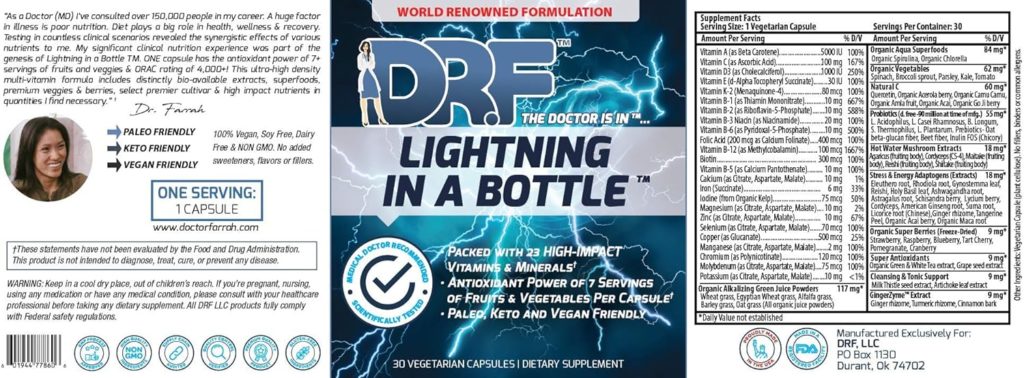 Lightning in a Bottle by Dr. Farrah World Renown Medical Doctor | 23 High Impact Vitamins  Minerals | Antioxidant Power of 7 Servings of Fruit  Vegetables | Paleo, Keto,  Vegan Friendly