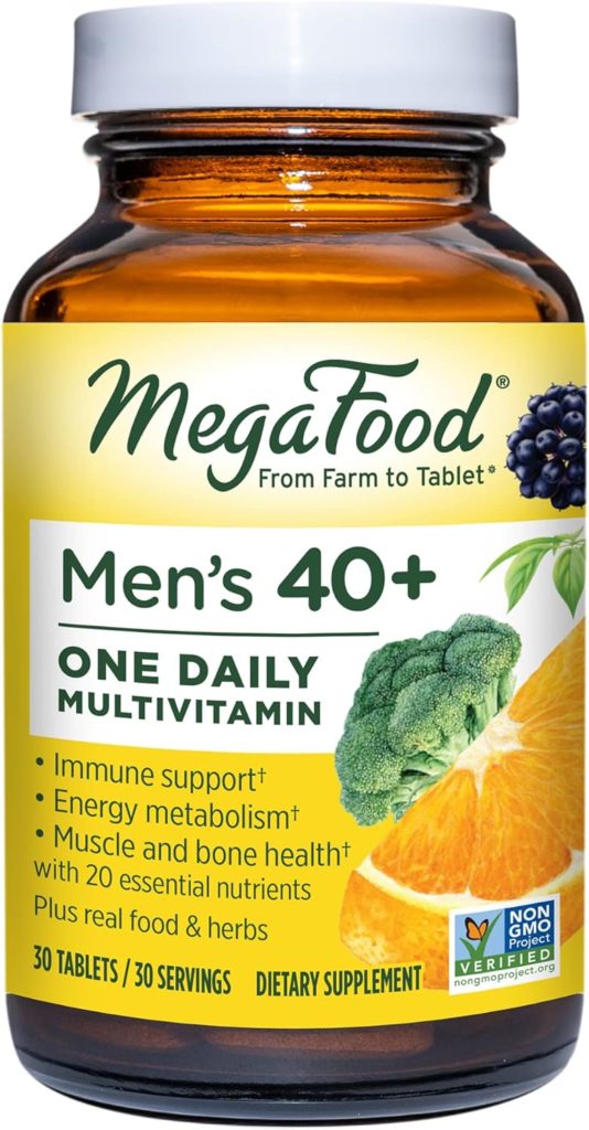 MegaFood Mens 40+ One Daily Multivitamin for Men with Vitamin B, Vitamin D3, Selenium, Zinc  Real Food - Immune Support, Energy Metabolism, and Muscle  Bone Health – Non GMO; Vegetarian - 30 Tabs : Health  Household