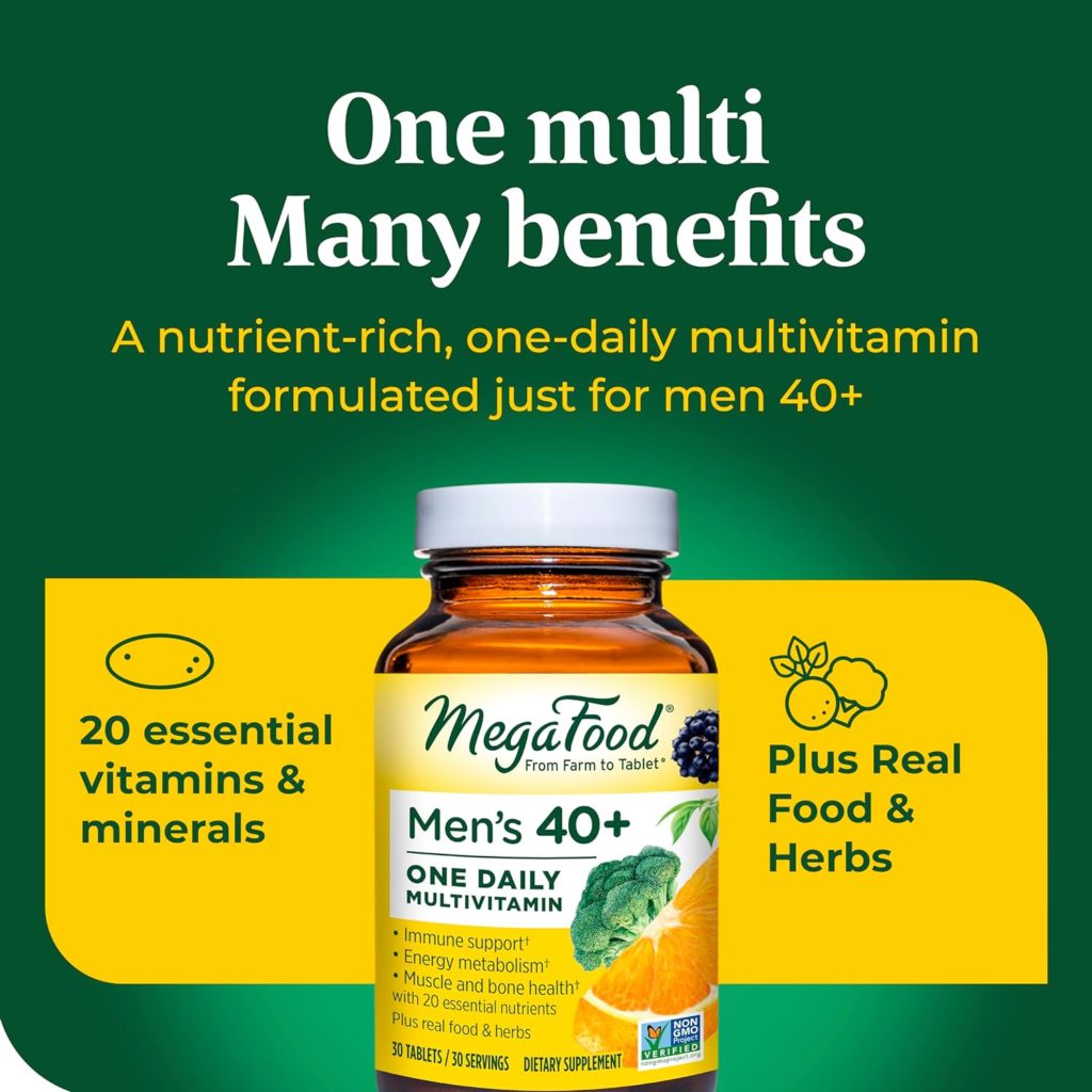 MegaFood Mens 40+ One Daily Multivitamin for Men with Vitamin B, Vitamin D3, Selenium, Zinc  Real Food - Immune Support, Energy Metabolism, and Muscle  Bone Health – Non GMO; Vegetarian - 30 Tabs : Health  Household