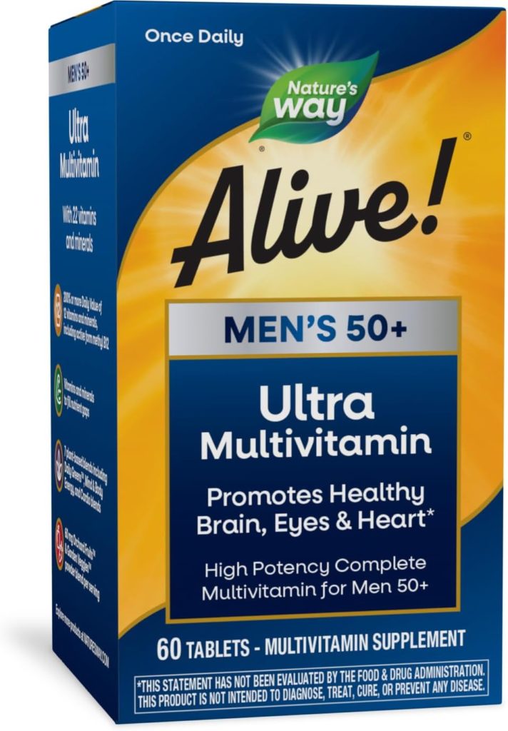 Natures Way Alive! Men’s 50+ Daily Ultra Potency Complete Multivitamin, High Potency Formula, Supports Multiple Body Systems*, Supports Cellular Energy*, Gluten-Free, 60 Tablets