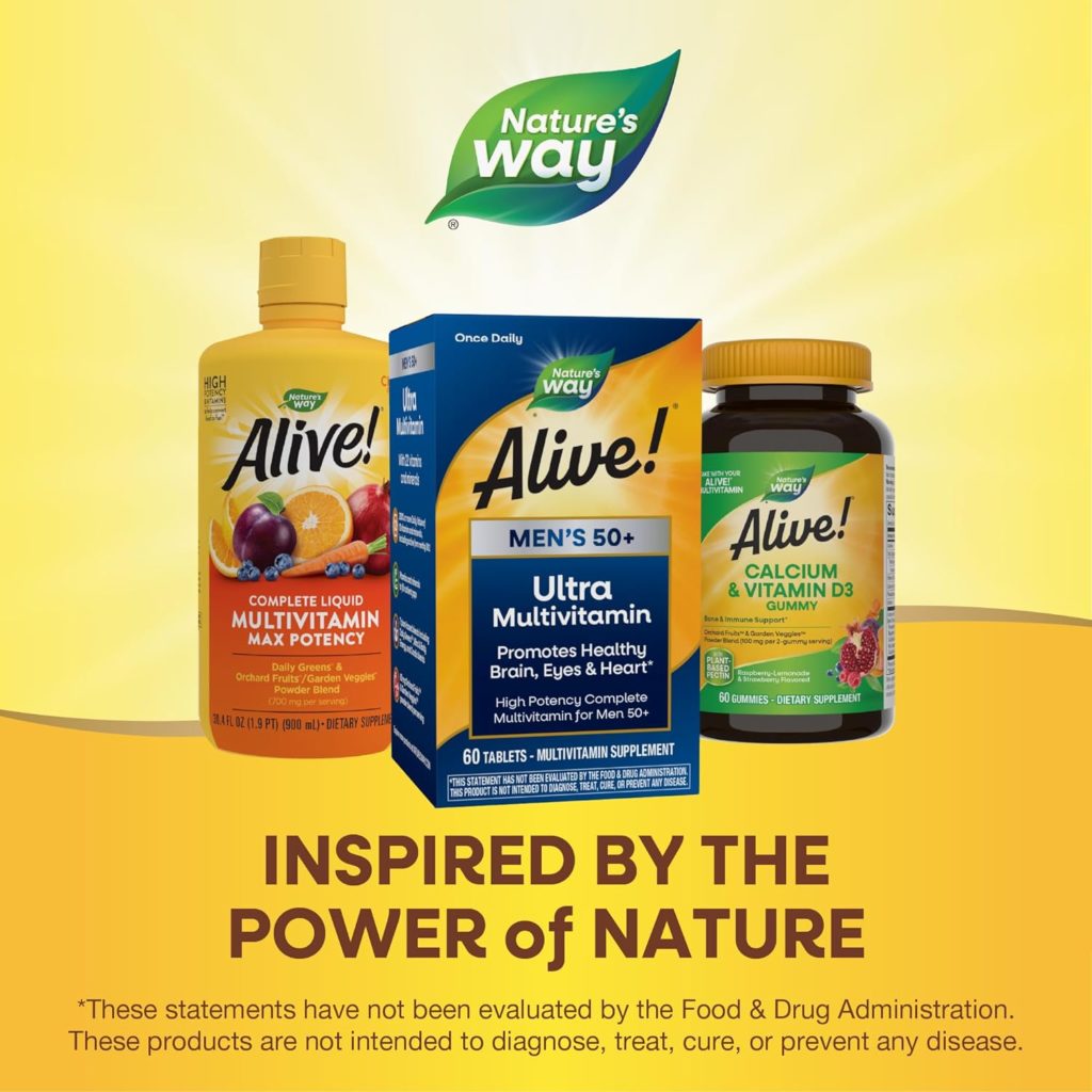 Natures Way Alive! Men’s 50+ Daily Ultra Potency Complete Multivitamin, High Potency Formula, Supports Multiple Body Systems*, Supports Cellular Energy*, Gluten-Free, 60 Tablets