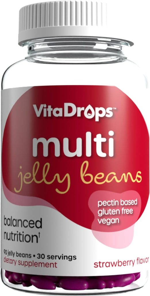 VitaDrops Multivitamin Jelly Beans, Women  Men, Source of Vitamin A C D E B-3 B-6  Biotin, Supports Immune System, Pectin Based, Vegan  Gluten Free, Strawberry Flavor, 90 Jelly Beans, 30 Servings