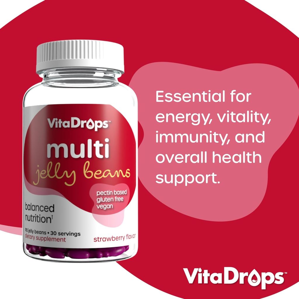 VitaDrops Multivitamin Jelly Beans, Women  Men, Source of Vitamin A C D E B-3 B-6  Biotin, Supports Immune System, Pectin Based, Vegan  Gluten Free, Strawberry Flavor, 90 Jelly Beans, 30 Servings