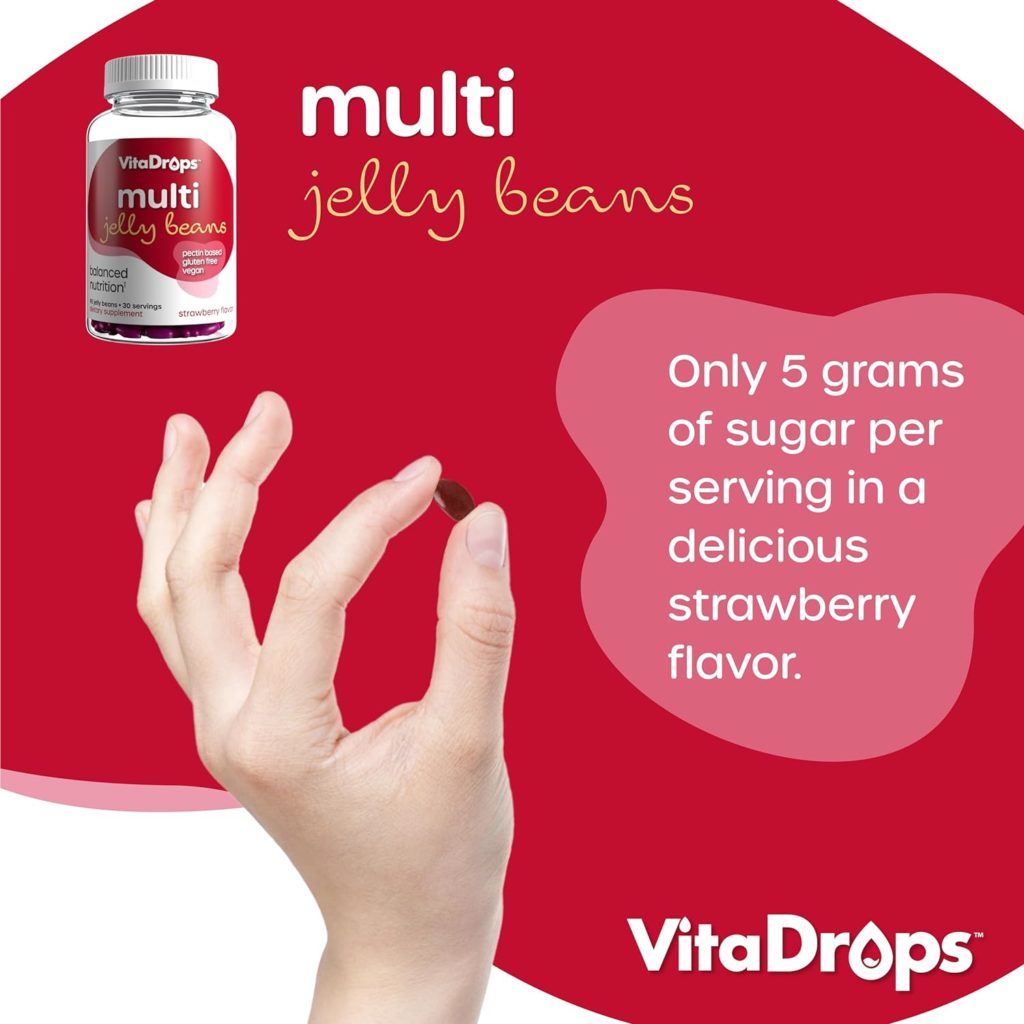 VitaDrops Multivitamin Jelly Beans, Women  Men, Source of Vitamin A C D E B-3 B-6  Biotin, Supports Immune System, Pectin Based, Vegan  Gluten Free, Strawberry Flavor, 90 Jelly Beans, 30 Servings