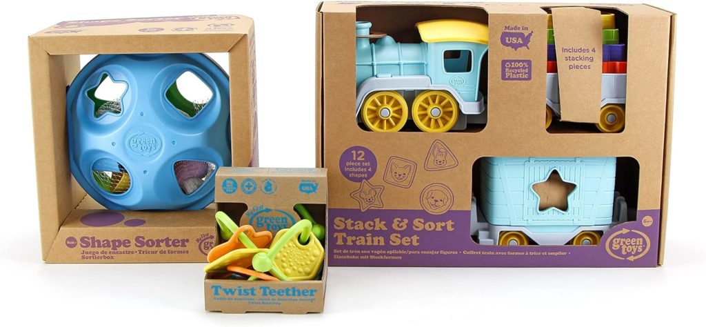 Green Toys Stack  Sort Train Set, Shape Sorter and Twist Teether Bundle Medium